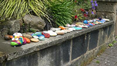 Covid pandemic 2020 Painted stones by fountain